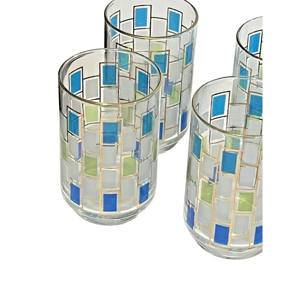 Vintage Mid Century Libbey Juice Cocktail Glasses Nordic Pattern W/Gold Trim